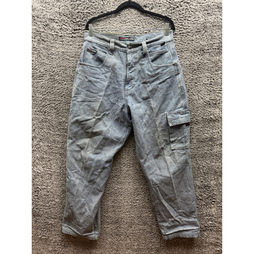Vintage Fubu High Rise Baggy Cargo Denim Pants Light Wash Blue Mens Size 34 x 34
